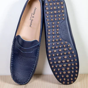 CALVI – Mocassins Bride Cuir – Homme – Bleu marine grainé
