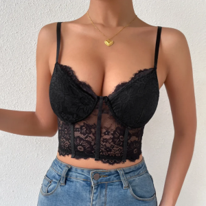 Top bustier court noir en dentelle avec bretelles