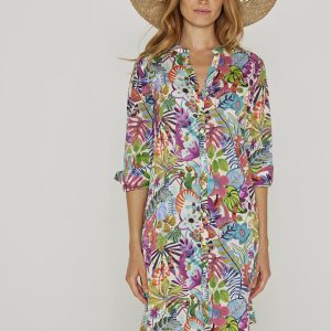 LAURALY – Robe Liberty Col Mao Manches 3/4 Coupe droite – Femme – Jungle Trip 101A