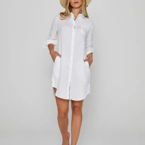 LAURENL – Tunique Lin Opp.Liberty Manches 3/4 Coupe évasée – Femme – Blanc/Kensington Park 136A