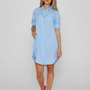 LAURENL – Tunique Lin Opp.Liberty Manches 3/4 Coupe évasée – Femme – Bleu ciel/ Margaret Annie 165A