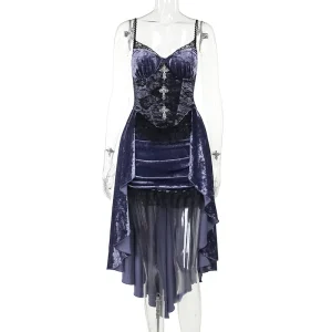 Robe Gothique Violette — velours royal et dentelle noire