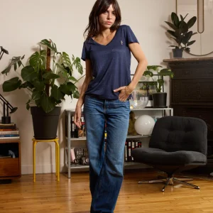 T shirt en lin femme - bleu - col v