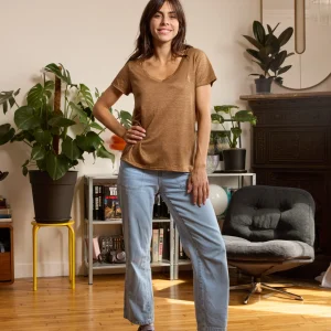 T shirt en lin femme - bronze - col V
