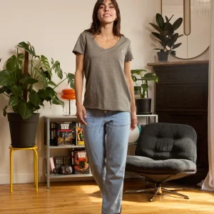 T shirt en lin femme - kaki - col V