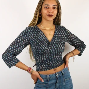 Top Benares en coton bio Paraag · noir et bleu