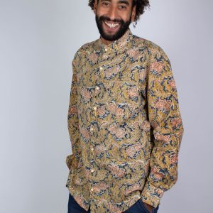 Chemise Daramshala en coton bio Japanese Flower · bleu et jaune