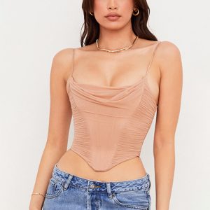 Top corset beige à col bénitier ruché sur les côtés