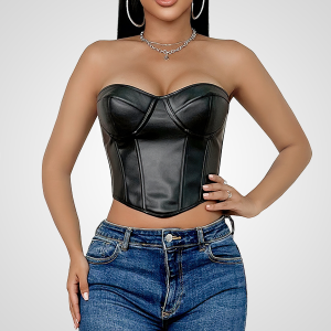 Corset en cuir sexy noir court bustier