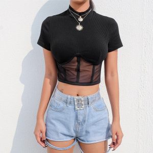 T-shirt corset noir transparent à col montant
