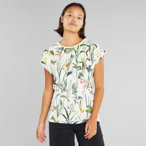Tee-shirt à fleurs multicolores en coton bio · blanc et vert - visby flower field off-white whisper white
