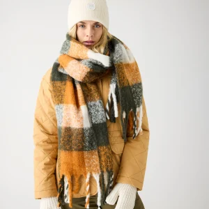 Echarpe à carreaux en polyester recyclé · kaki et orange