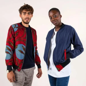 Bombers réversible en coton et wax de coton Casamance · rouge et bleu marine
