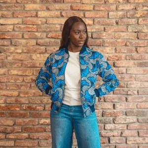 Bombers réversible en coton et wax de coton Loumpoul saphir · bleu et blanc