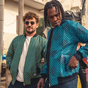 Bombers réversible en coton et wax de coton Pikine paon · vert et jaune et noir