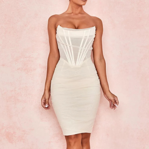 Robe corset bustier gainant mi-longue beige en tulle