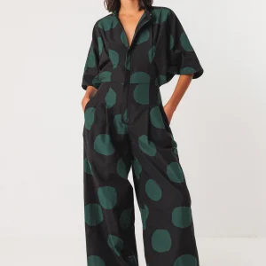 Combinaison en coton bio siloe lorea dots · noir et vert foncé