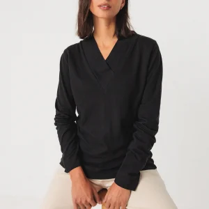 Tee-shirt col V à manches longues en coton bio ibarne · noir