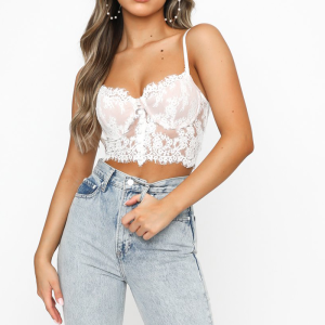 Top bustier blanc en dentelle et imprimé fleuri